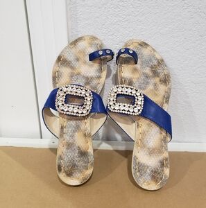 Blue and Tan Women's Sandals with Rhinestone Buckle